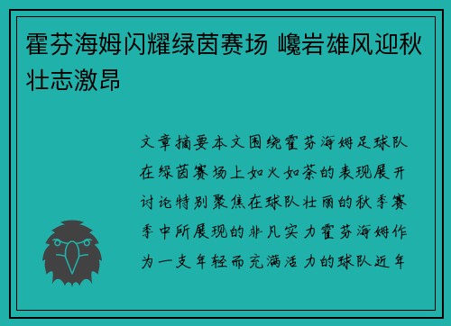 霍芬海姆闪耀绿茵赛场 巉岩雄风迎秋壮志激昂